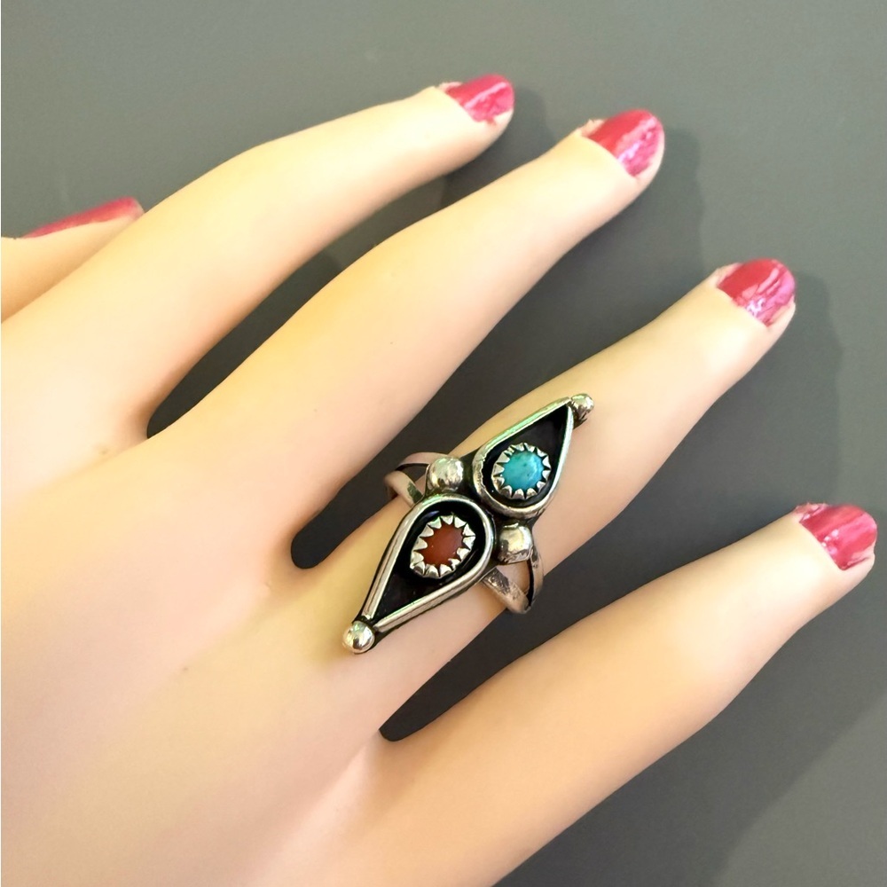 Vintage Southwestern Coral Turquoise Sterling Silver Ring - Picture 3 of 5